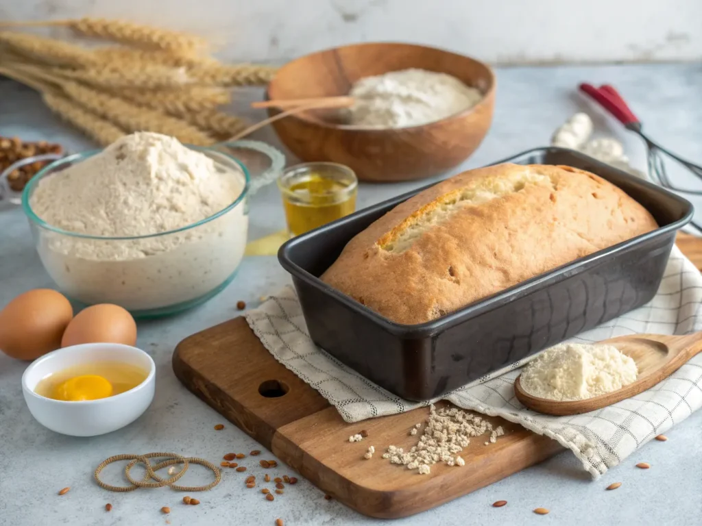 Unbaked gluten-free bread dough and loaf in a pan with baking ingredients